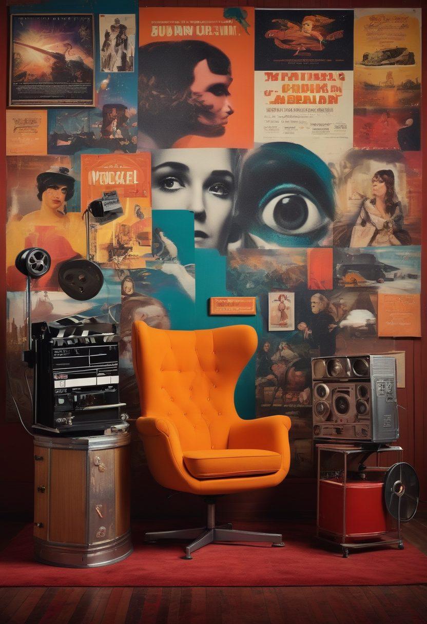 A captivating collage of vintage film reels, vibrant indie movie posters, and unconventional cinematic elements like a film director's chair. The background features a whimsical cinema scene with eclectic decorations, including quirky props and spotlights. A diverse group of people engaged in animated discussions about films adds a lively touch. The color scheme is rich and bold, reflecting the creativity and uniqueness of independent cinema. super-realistic. vibrant colors. dynamic composition.