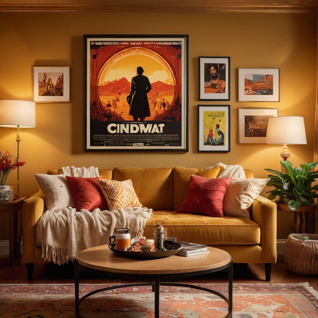 A cozy living room setting with a comfortable couch, a vibrant screen displaying a captivating independent film poster. A coffee table filled with snacks, and festival award trophies in the background to represent film festivals. Warm lighting creates an inviting atmosphere, reflecting a sense of community around indie films. Super-realistic. Warm tones. Inviting ambiance.