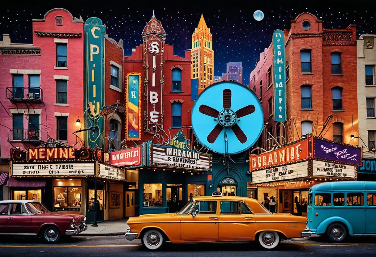 A captivating collage of alternative movie posters, featuring a whimsical film reel winding through a vibrant cityscape filled with iconic art-house theaters. Emphasize the diversity of unique cinematic experiences with visual metaphors like a vintage projector casting colorful light on eclectic characters. Include symbols of various film genres, such as surrealism and fantasy, intertwined with urban elements. Enhance the imagery with a dreamy color palette and creative typography. vibrant colors. surrealistic style.